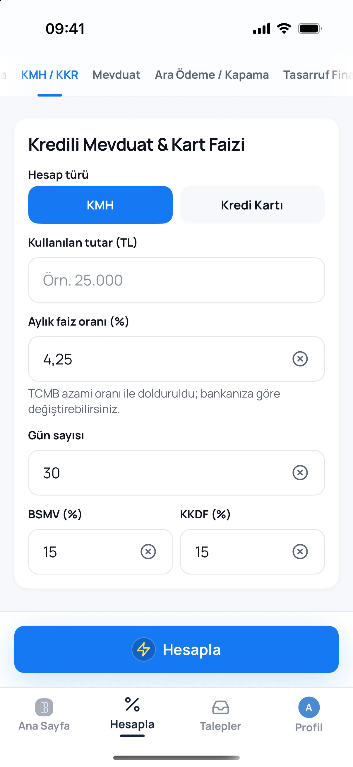 Bankacı uygulamasında KMH ve kredi kartı ekranı