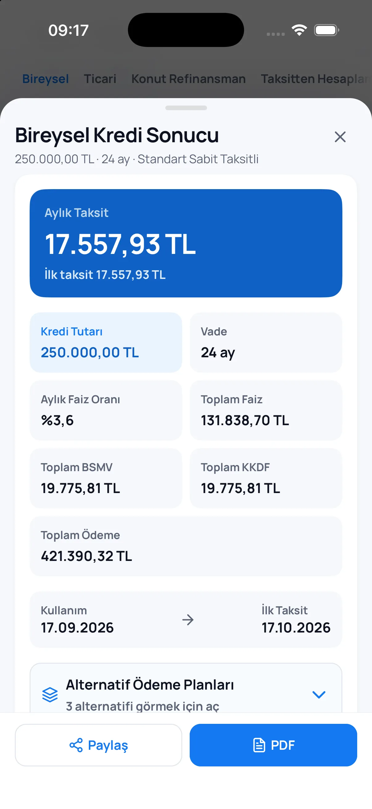 Bankacı uygulamasında kredi sonucu, alternatif ödeme planları, paylaşım ve PDF seçenekleri