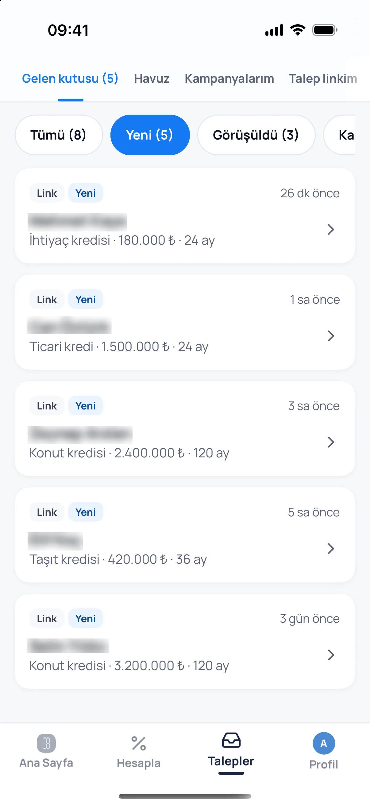 Bankacı uygulamasında Talepler ekranı
