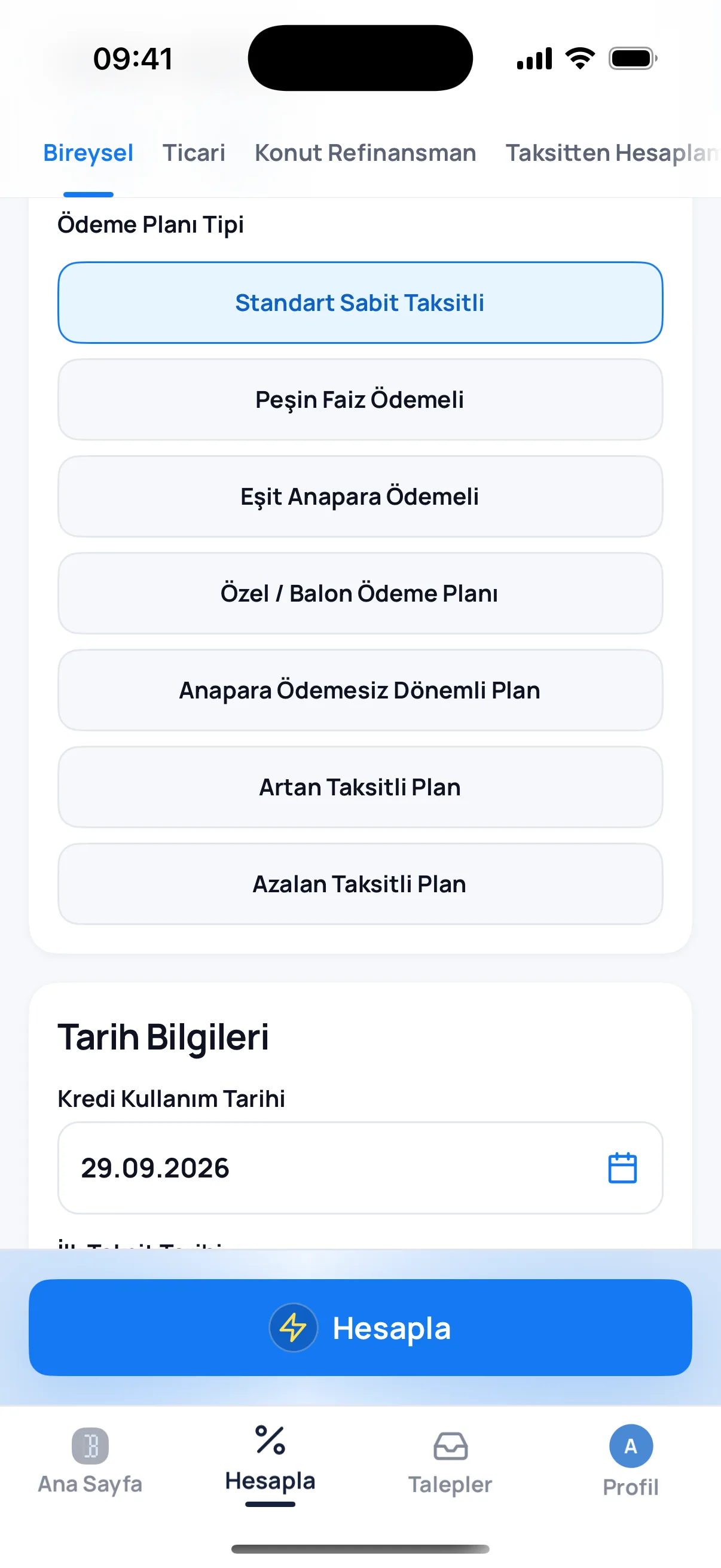 Bankacı uygulamasında 7 farklı ödeme planı ekranı